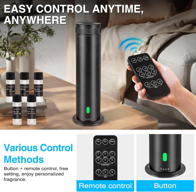 Waterless Scent Diffuser Starter Kit - Suitable for Home and Hotel Series Air Diffuser, 800 Square Inches of Coverage, 7 Kinds of Scented Essential Oils, Remote Control, Atomizer Core Black - Image 4