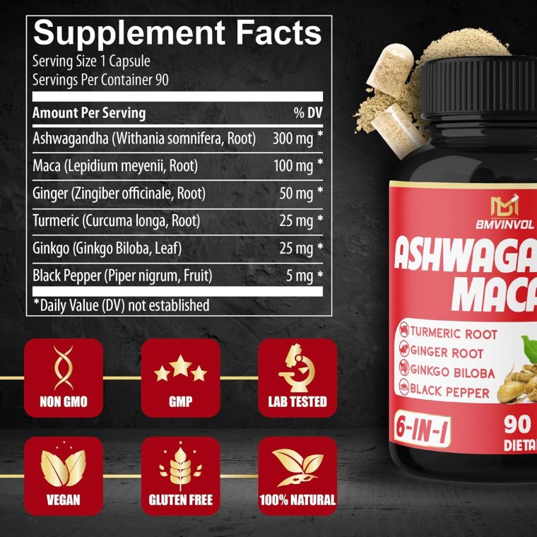 Ashwagandha Maca Root with Turmeric, Ginger, Ginkgo Biloba, Black Pepper - 90 Count - 3 Month Supply - Image 2