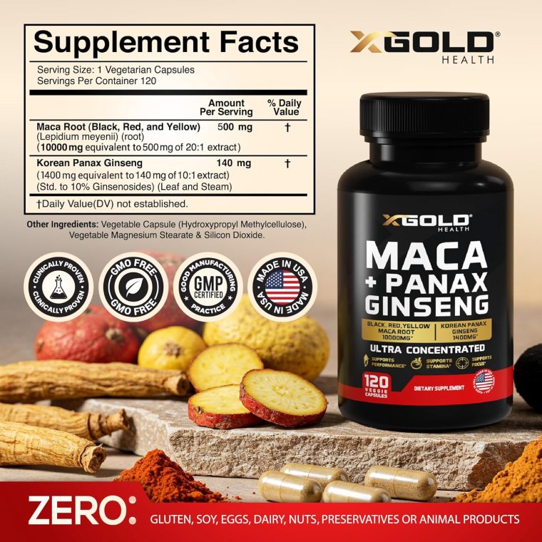 Maca Root Capsules 10,000mg + Korean Panax Ginseng 1,400mg - 20x Concentrated Extract Black + Red + Yellow Maca Root, 10x Concentrated Extract Panax Ginseng Capsules - Ultra Potent & Highly Purified - Image 2
