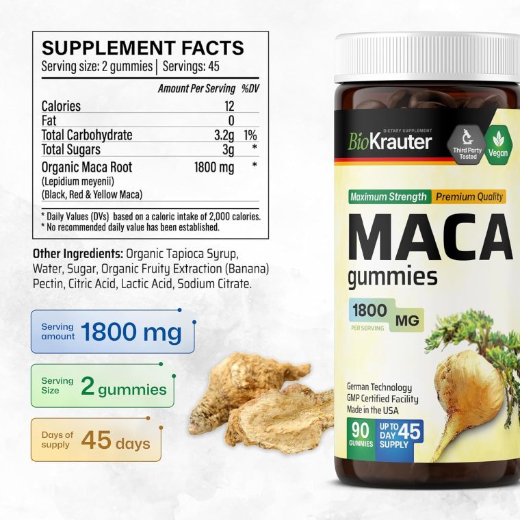 Maca Root Gummies - 1800 mg Strength - 90 Vegan Chews - Natural Support for Women & Men - Peruvian Maca Root Supplement - Banana Flavour Chews - Image 3