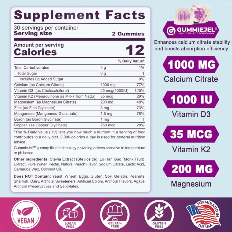 Sugar Free Calcium Citrate Gummies for Women & Men 1000mg, Vitamin D3 K2, Magnesium, Zinc, Boron, Manganese, Copper, Ultimate Absorption Calcium Supplements for Bone, Muscle & Immune - Vegan, 60 Count - Image 2