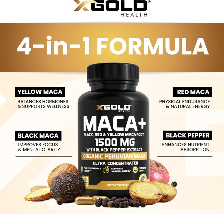X Gold Health Organic Maca Root Powder Capsules 1500mg with Black | Red & Yellow Peruvian Maca Root Extract Gelatinized, Energy & Mood Supplement for Men & Women + Black Pepper for Best Benefits - Image 3