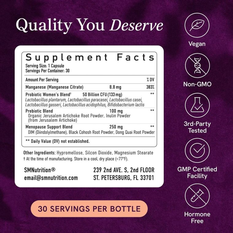 Menopause Support with Prebiotics and Probiotics for Women | Hormone Balance, Hot Flashes & Night Sweats | 50 Billion CFU, DIM & Black Cohosh | Triple Action Menopause Supplements for Women | 30 Ct - Image 5
