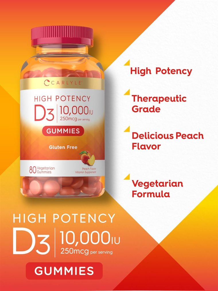 Carlyle Vitamin D3 10000iu Gummies for Adults | 80 Count | Peach Flavored Gummy | High Potency for Women & Men | Vegetarian, Non-GMO, Gluten Free Supplement - Image 4