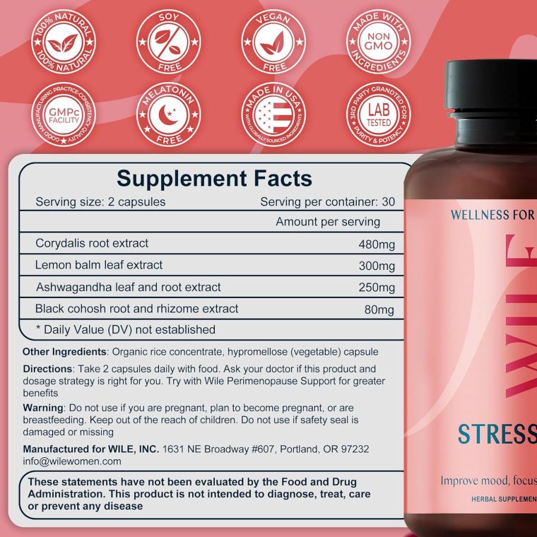 WILE Menopause & Perimenopause Supplements for Women with Ashwagandha - Stress Relief with Black Cohosh - Premenopausal Support for Improved Mood, Sleep, Hormone Balance - Vegan, 30 Servings - Image 4