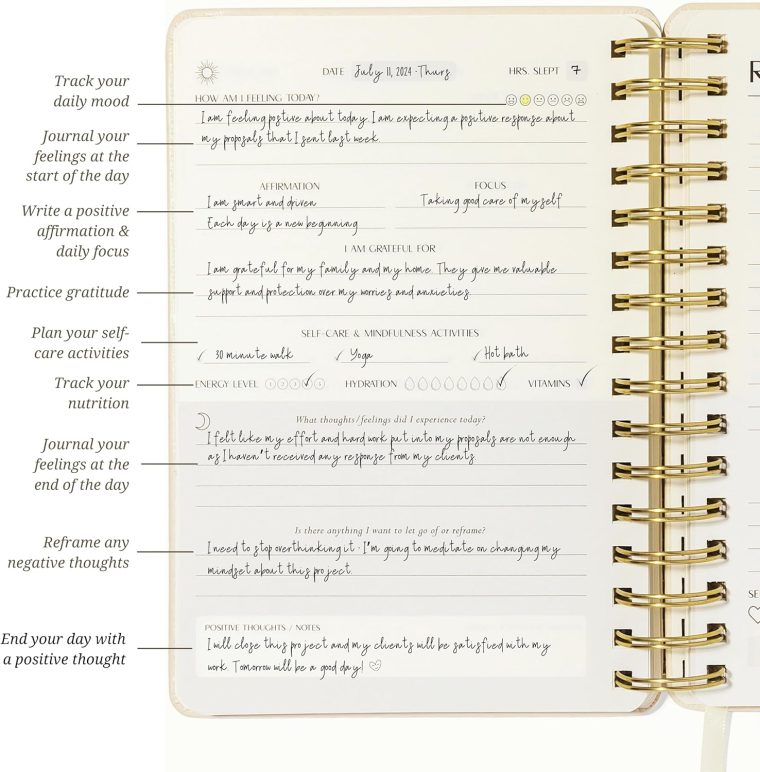 FINDING BALANCE Mental Health Journal – 6-Month Daily Journal with Prompts for Mindfulness, Self-Care & Healing – Anxiety & Depression Relief – Beige Spiral - Image 4