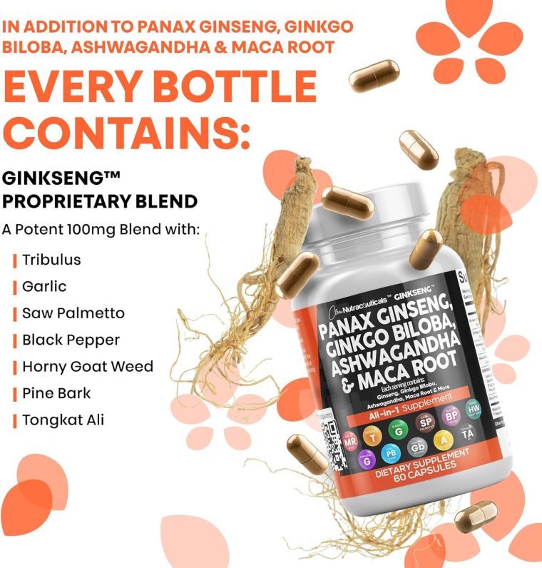 Clean Nutraceuticals Panax Ginseng Ginkgo Biloba Ashwagandha Maca Root - Focus Supplement Pills for Women and Men with Pine Bark Extract, Garlic, and Saw Palmetto - 60 Caps - Image 8