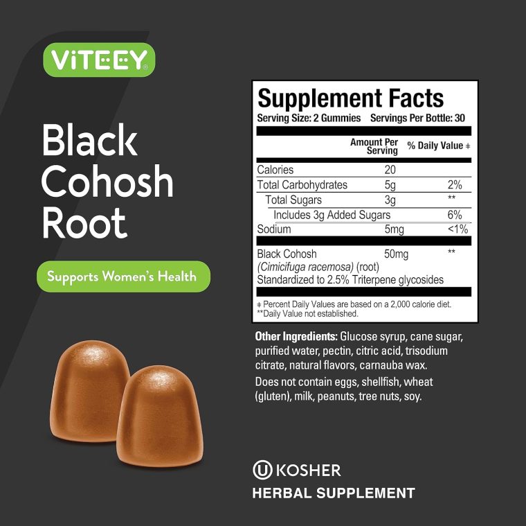 Viteey Black Cohosh for Menopause for Women - Hot Flashes and Night Sweats Relief Supplements - Black Cohosh Root - Vegan, Gelatin Free, Gluten Free, GMO Free - Tasty Chewable Peach Flavored Gummy - Image 4