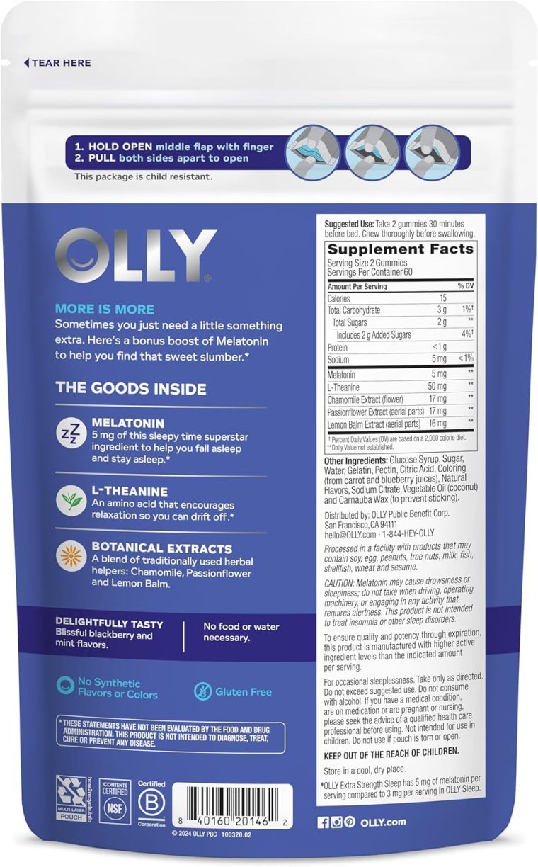 OLLY Extra Strength Sleep Gummy, 5 mg Melatonin, L-Theanine, Chamomile, Lemon Balm Extracts, Sleep Aid, BlackBerry Flavor - 120 Count - Image 8