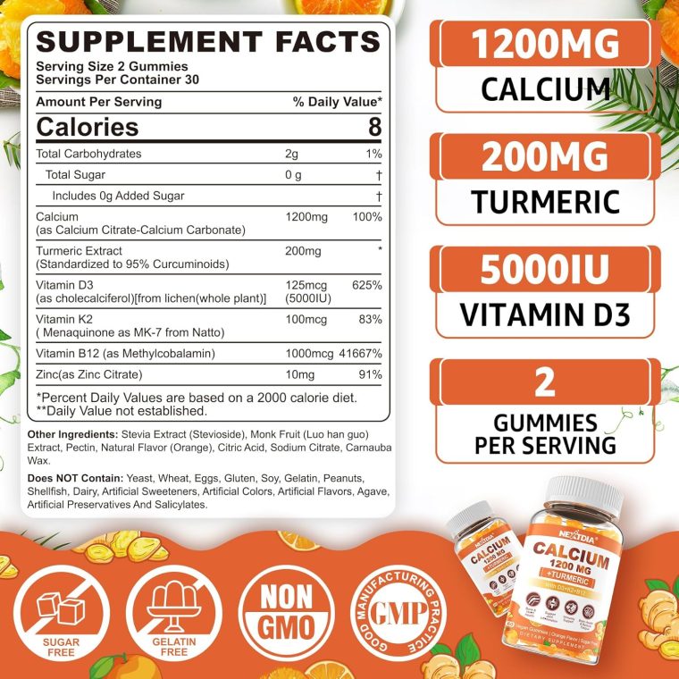 Calcium 1200 mg with Vitamin D3 Gummies - Calcium + Turmeric Supplement for Women and Men with Vitamin K2 B12 - Support Bone & Muscle - Sugar Free - Vegan (120 Count) - Image 2