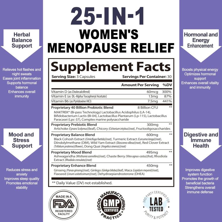 Menopause Supplements for Women – Black Cohosh, Ashwagandha & Dong Quai – Hot Flashes, Mood Swings & Hormonal Balance – Vegan, Non-GMO, 90 Capsules - Image 2