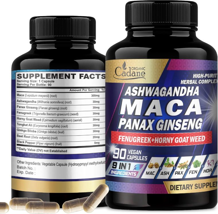 Organic Cadane Maca Root, Ashwagandha, Panax Ginseng Supplement - 90 Capsules 3 Months with Fenugreek, Tongkat Ali & More - Support for Strength, Stamina, Energy Production & Immunity