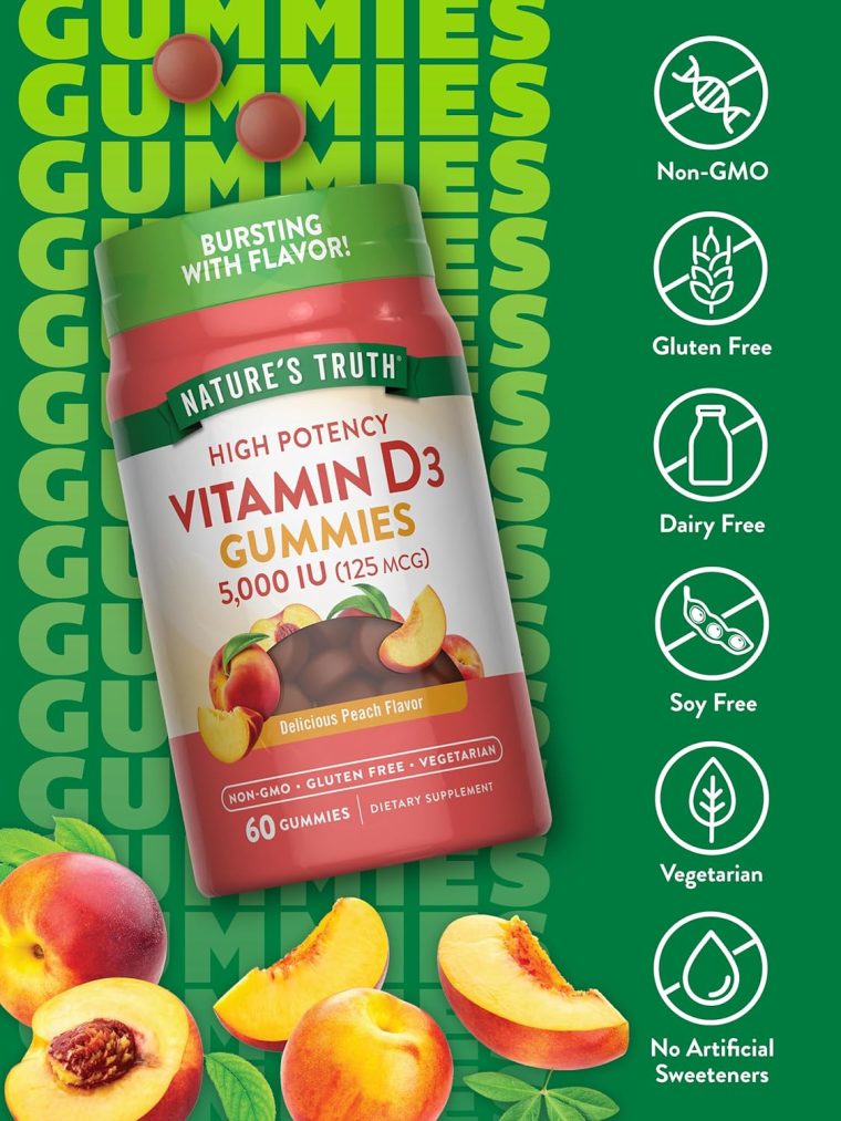 Nature's Truth Vitamin D3 Gummies | 5000 IU | 60 Count | Peach Flavor | Vegetarian, Non-GMO & Gluten Free Supplement - Image 3