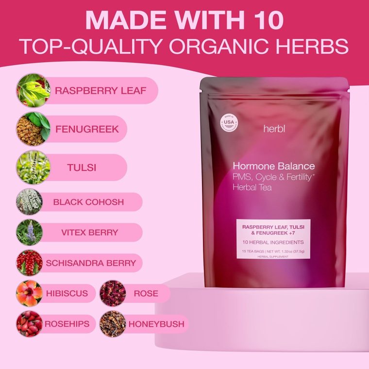Organic Hormone Balance Tea for Women – Raspberry Leaf Tea with Fenugreek, Tulsi & Black Cohosh – Herbal Hormone Balance tea for PMS (Cramps, Mood, Bloating), PCOS, Ovulation & Fertility - Image 3
