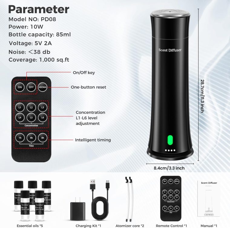 Hotel Scent Diffuser Starter Kit - 1500 Sq Ft Coverage, Home Diffuser Hotel Collection, Suitable for Waterless Diffuser Large Room, Contains Five Aromatherapy Essential Oils, Remote Control, Black - Image 8