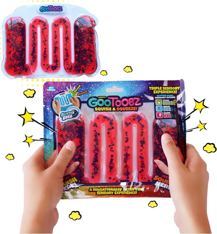 GooToobz Originals - Squishy Sensory Tubes - Filled with Colorful Water, Glitter | Non-Toxic, No-Mess, Squeezable Fidget | Anxiety Relief - Triple Sensory Experience! (Glitter Gush Red)