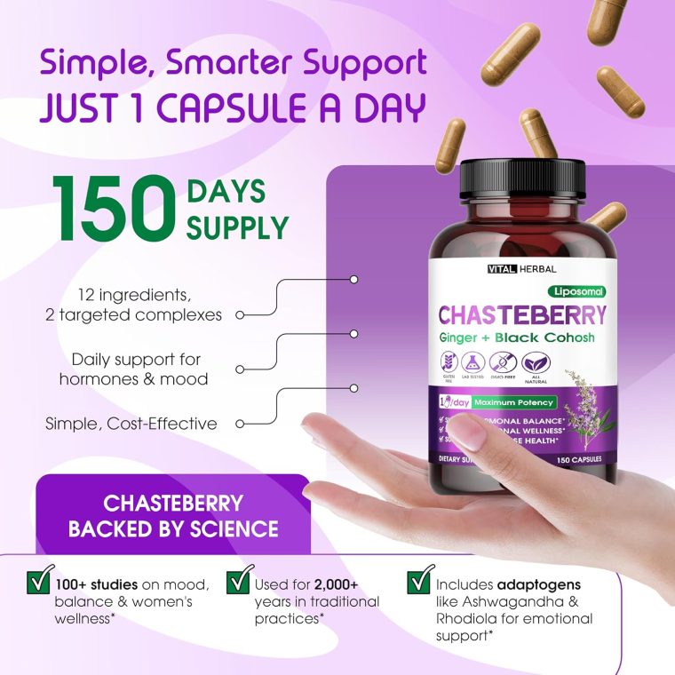 VITAL HERBAL Liposomal Chasteberry with Ginger & Black Cohosh – Supports Hormone Balance, Emotional Wellness & Menopause Health – 150 Capsules – Made in The USA - Image 3