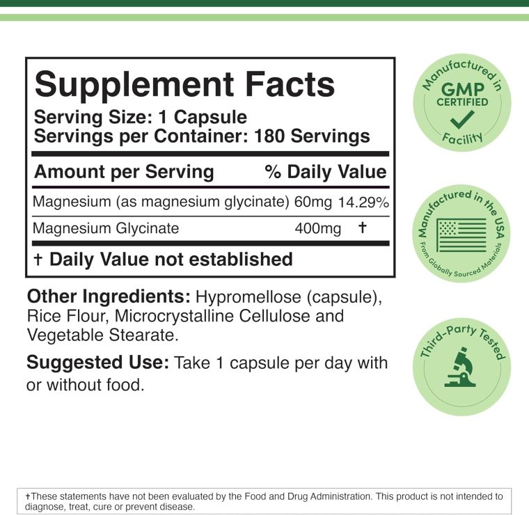 Magnesium Glycinate 400mg, 180 Capsules (Vegan Safe, Third Party Tested, Gluten Free, Non-GMO) High Absorption Magnesium by Double Wood Supplements - Image 2