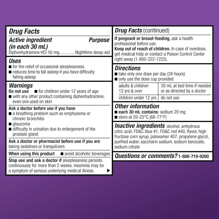 Amazon Basic Care Night Time Sleep-Aid Liquid for Adults, Diphenhydramine HCl 50 mg, Mixed Berry Flavor, Packaging May Vary, 12 fl oz (Pack of 1) - Image 4