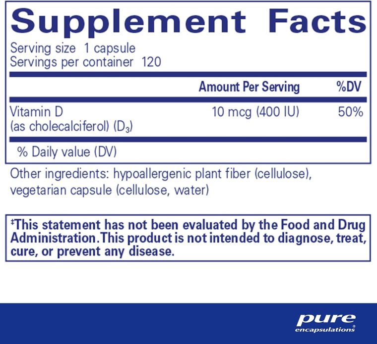 Pure Encapsulations Vitamin D3 10 mcg (400 IU) | Hypoallergenic Support for Bone, Breast, Cardiovascular, Colon and Immune Health | 120 Capsules - Image 2