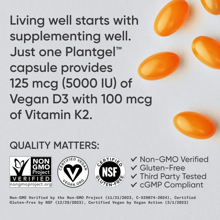 Sports Research® Vegan D3 5000iu with Vitamin K2 100mg - Formulated with Coconut MCT Oil - Vegan Certified, Soy & Gluten Free - 60 Softgels - Image 4