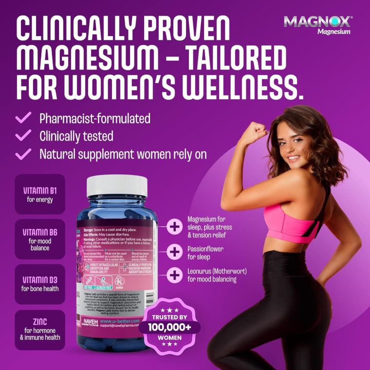 MAGNOX Lady Magnesium Supplement | Menopause and PMS Support Supplement for Women | Magnesium Complex with Vitamins B6, B1, B12, D, Zinc | High-Absorption Dead Sea Organic | 60 Capsules - Image 7