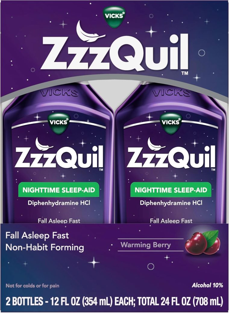 ZzzQuil, Sleep Aid, Nighttime Sleep Aid Liquid, 50 mg Diphenhydramine HCl, Fall Asleep Fast, Non-Habit Forming, Warming Berry Flavor, 12 FL OZ (Pack of 2) - Image 10