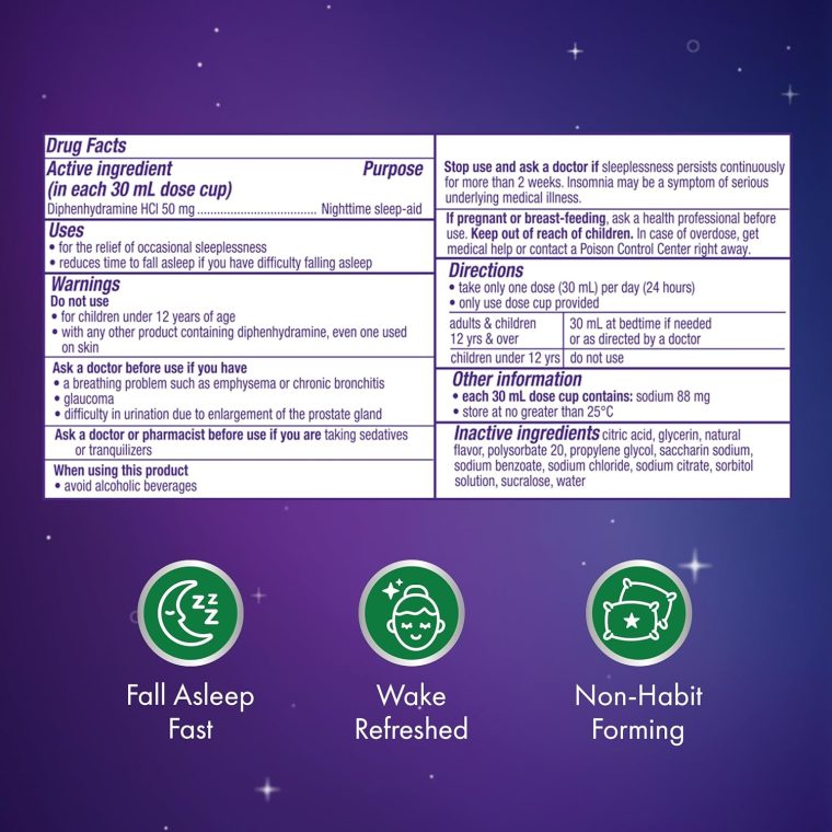 ZzzQuil, Nighttime Sleep Aid Liquid, FREE OF Alcohol & Artificial Dyes, 50 mg Diphenhydramine HCl, No.1 Sleep Aid Brand, Fall Asleep Fast, Non-Habit Forming, Soothing Berry Flavor, 12 FL OZ - Image 9
