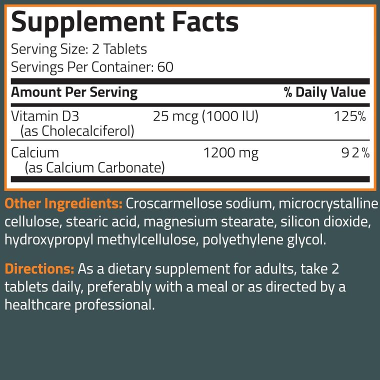 Bronson Calcium 1200mg Per Serving Plus Vitamin D3 1000 IU High Potency Formula, Non-GMO, 120 Tablets - Image 6