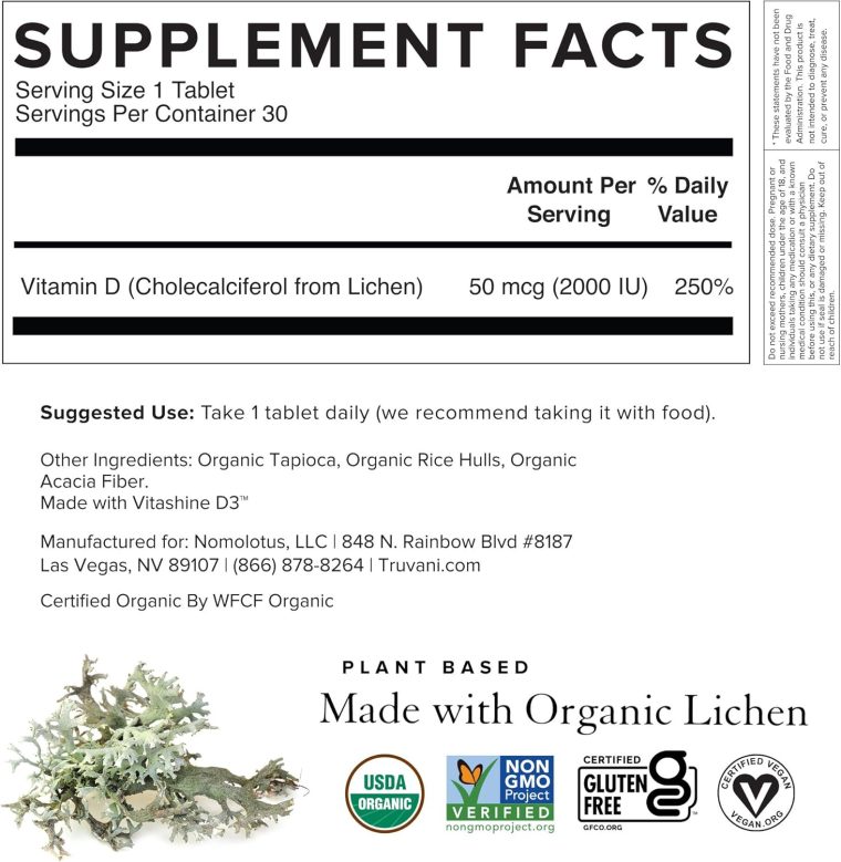 Truvani Organic Vitamin D3 - Plant-Based, USDA Organic, Gluten-Free, Non-GMO, Vegan D3 Supplement - Supports Bone, Immune & Brain Health - 30 Tablets - Image 6