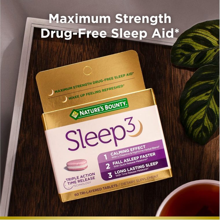 Nature's Bounty Sleep3 Melatonin 10mg, Maximum Strength 100% Drug Free Sleep Aid, Dietary Supplement, L-Theanine & Nighttime Herbal Blend Time Release Technology, 60 Tri-Layered Tablets - Image 4