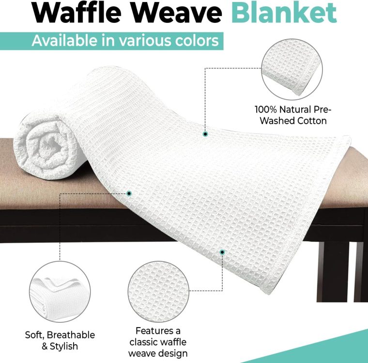 100% Cotton Blankets Queen Size for Bed - Waffle Weave Blankets for Summer, Lightweight and Breathable Soft Woven Blanket for Spring, (White, Queen (90" x 90")) - Image 3
