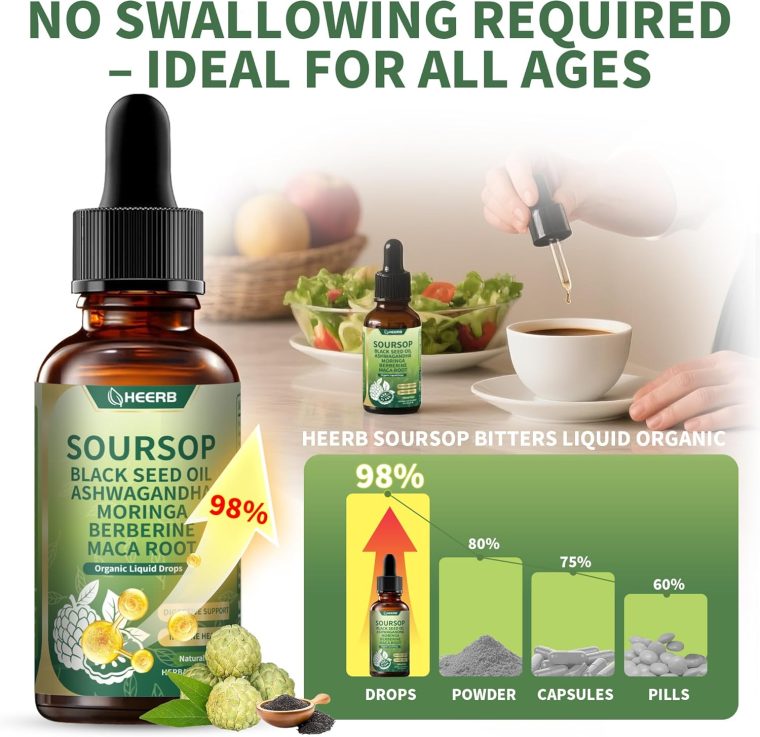 Soursop Bitters Liquid Drops with Black Seed Oil Ashwagandha Moringa Maca Root Organic Soursop Graviola Liquid Drop for Digestion Immune Health Liver Cell Support Antioxidant, 2 Fl Oz 60ML - Image 5