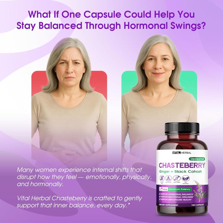 VITAL HERBAL Liposomal Chasteberry with Ginger & Black Cohosh – Supports Hormone Balance, Emotional Wellness & Menopause Health – 150 Capsules – Made in The USA - Image 2