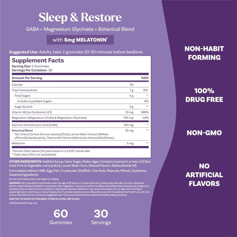 Natrol Sleep + Restore Magnesium Glycinate Blend Gummies with Melatonin 5mg - Calm Magnesium with GABA, Botanical Blend, Cherry Flavor, 60 Gummies - Image 5