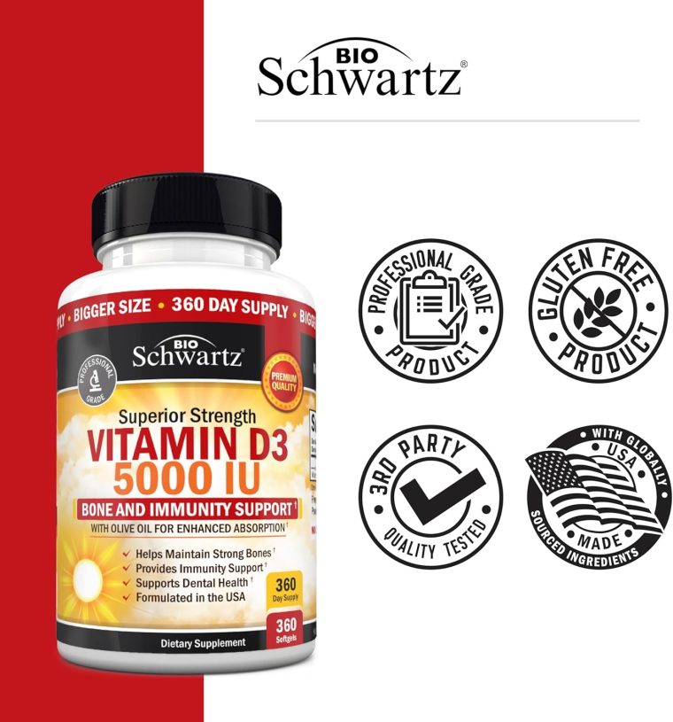 Vitamin D3 5000 IU (125 mcg) Natural Immune Support Supplement, Bone Strength, Healthy Muscle Function, with Olive Oil for Highest Absorption, Gluten Free & Non-GMO, 1 Year Supply, 360 Softgels - Image 6
