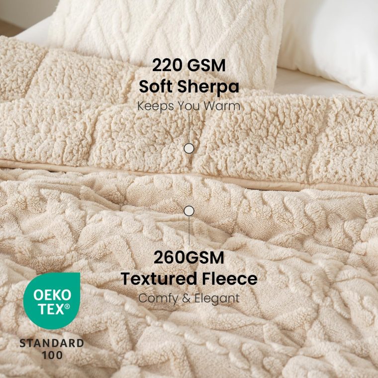 Weighted Blanket Queen Size 15lbs, Classy Soft Jacquard Sherpa Weighted Blankets for Sleep Natural and Calming, Fluffy Cozy Sofa Bed Blanket for Winter, Beige, 60 x 80 inches - Image 3