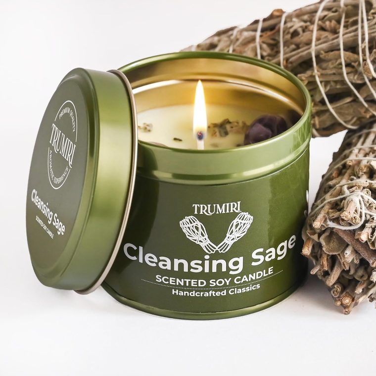 Sage Candle for Cleansing House Negative Energy Smudge Kit - 5oz Soy Wax Natural Clean Organic Non Toxic - Aromatherapy Spiritual Meditation Gifts - Long Lasting Highly Scented Candel with Crystals - Image 5