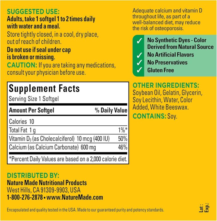 Nature Made Calcium 600 mg with Vitamin D3, Dietary Supplement for Bone Support, 100 Softgels - Image 5