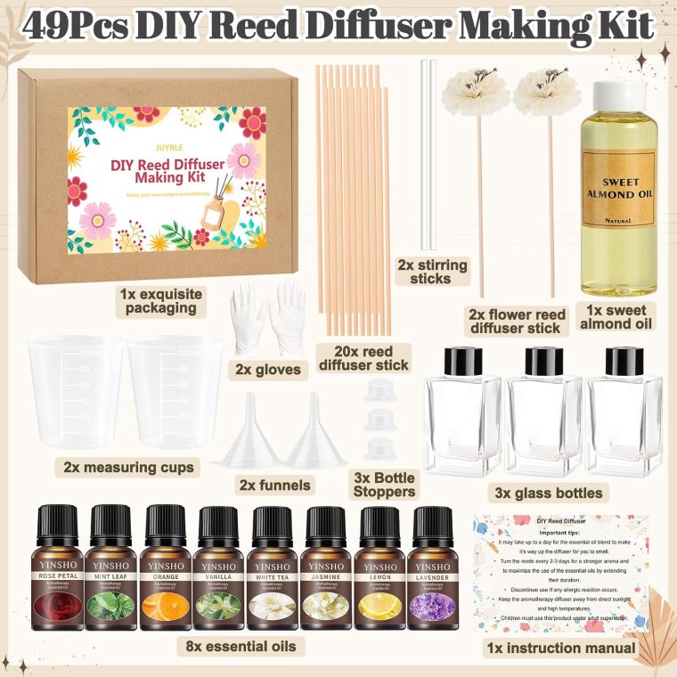 Reed Diffuser Making Kit- DIY Flower Reed Diffuser Set for Home with Essential Oil, Sticks, Glass Bottle, Air Fresheners for Home Office Bathroom Shelf Aromatherapy Decor Gifts for Women & Men - Image 2