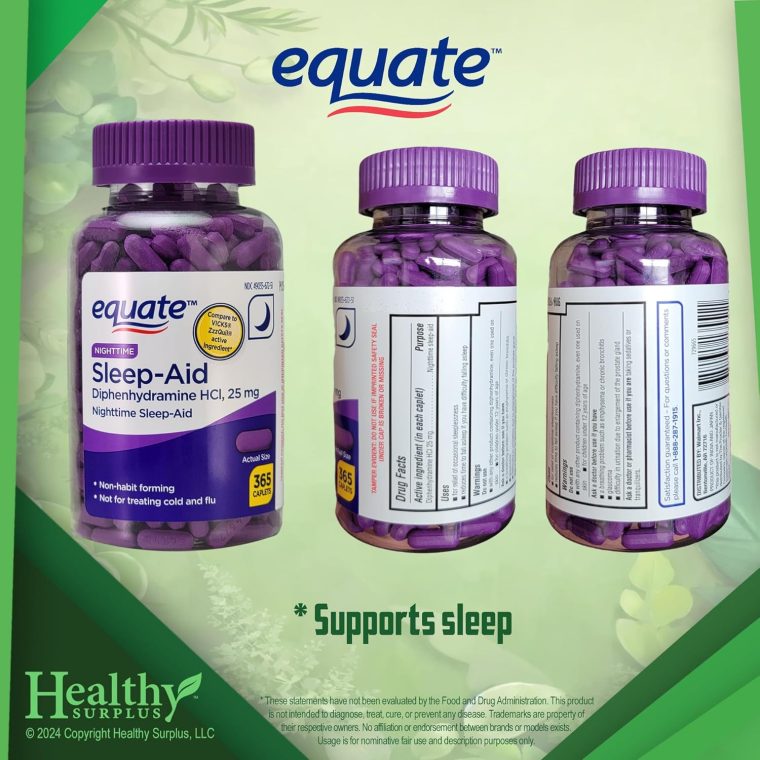 Equate Sleep-Aid Diphenhydramine HCI 25 mg 365 Caplets and Vital Volumes Sleep Steps Tips Card - Image 2