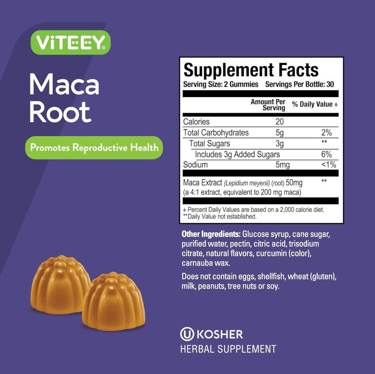 Viteey Maca Root Gummies for Men and Women - Reproductive Health, Energy, Drive, Stamina & Hormone Support - Vegan, Gluten Free, Gelatin Free, GMO Free, Tasty Chewable Passion Fruit Flavored Gummy - Image 4