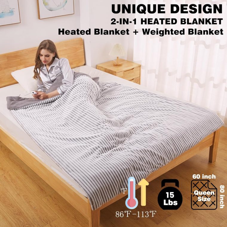 ZonLi Heated Weighted Blanket 15lbs, 60"x80" Queen Size, Weighted Electric Blanket for Adults, Heavy Blanket Fast Heating with 10 Levels, 9H Timer Setting, Soft Warm Flannel Washable with Glass Beads - Image 2