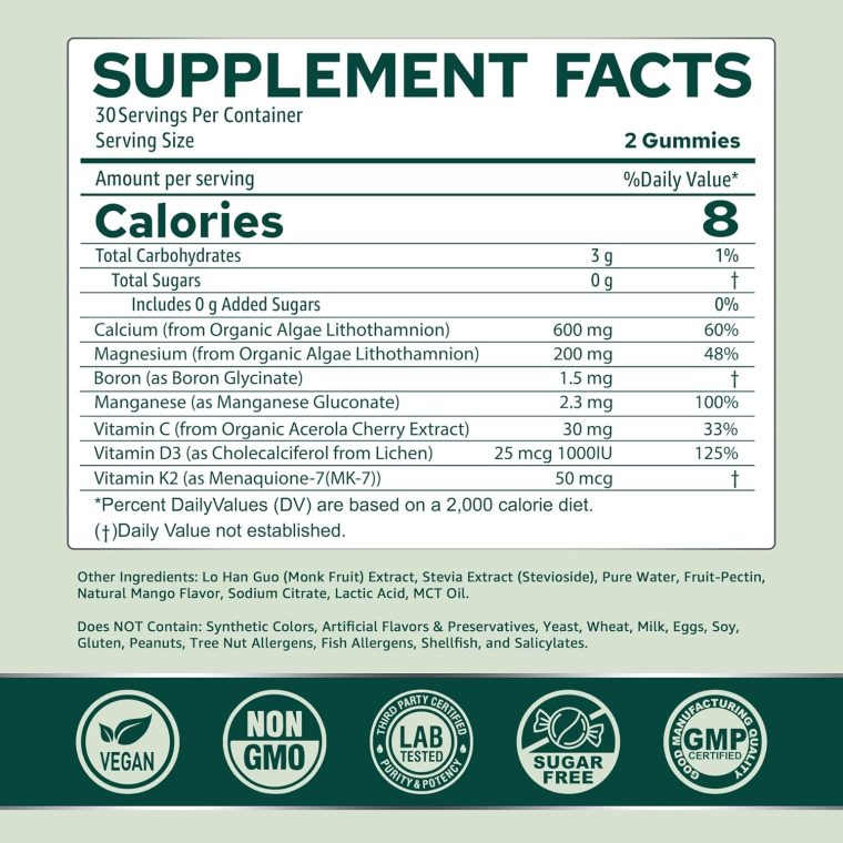 NEVISS Calcium Gummies for Women, Sugar Free Calcium Supplement with Vitamin D3 K2, C, Zinc, Boron, Sustainable Algae (3rd Party Tested) for Bone Strength, Calcium Absoption, Vegan, 60 Counts - Image 2