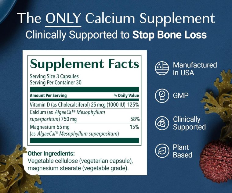 ALGAECAL- Plant Based Calcium Supplement with Vitamin D3 (1000 IU) for Bone Strength, Contains 13 Minerals Supporting Bone Health, Organic Calcium (750 mg) for Women & Men, 90 Veggie Caps, Made in USA - Image 6