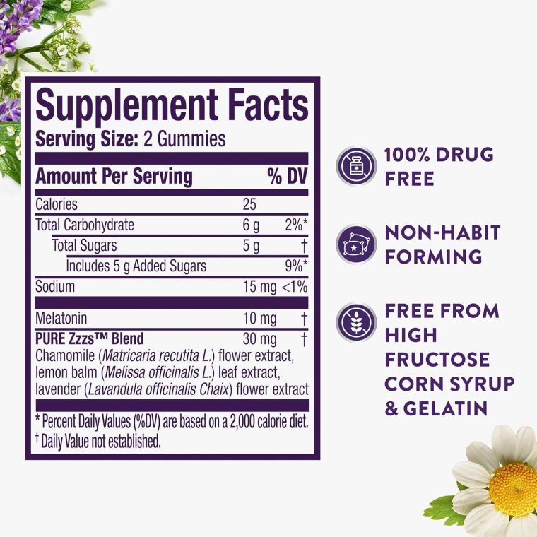ZzzQuil Pure Zzzs Advanced Melatonin Gummies, Melatonin 10mg, Sleep Aid, with Chamomile & Lavender, Melatonin Sleep Gummies, Sleep Aids for Adults, Berry Flavored, 100 Sleep Gummies - Image 6