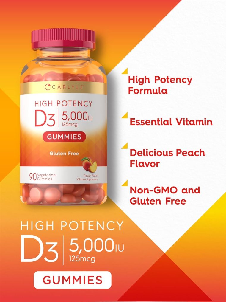 Carlyle Vitamin D3 Gummies | 5000 iu | 90 Count | Peach Flavored Gummy | High Potency for Adults | Vegetarian, Non-GMO, Gluten Free Supplement - Image 4