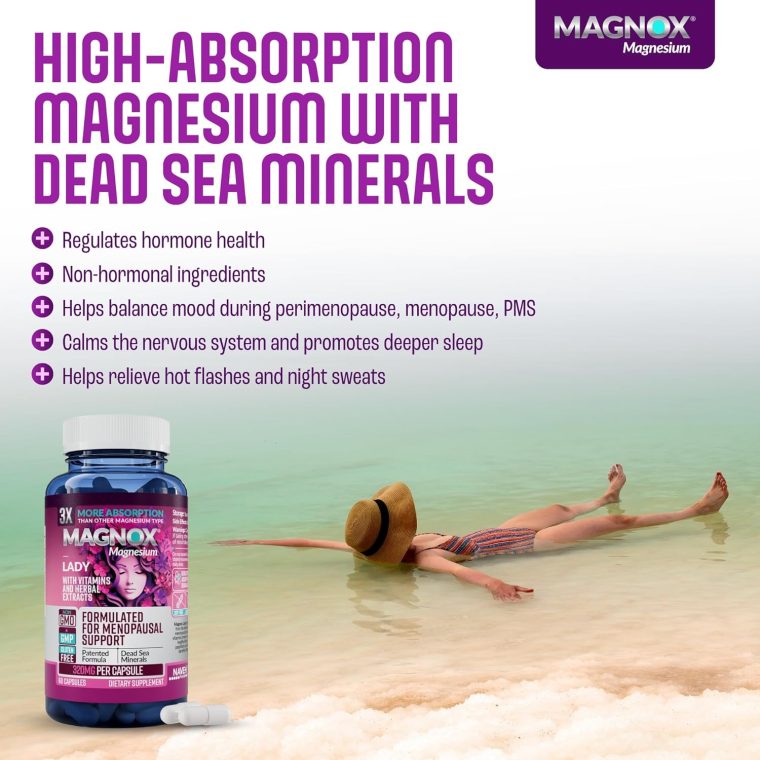 MAGNOX Lady Magnesium Supplement | Menopause and PMS Support Supplement for Women | Magnesium Complex with Vitamins B6, B1, B12, D, Zinc | High-Absorption Dead Sea Organic | 60 Capsules - Image 2