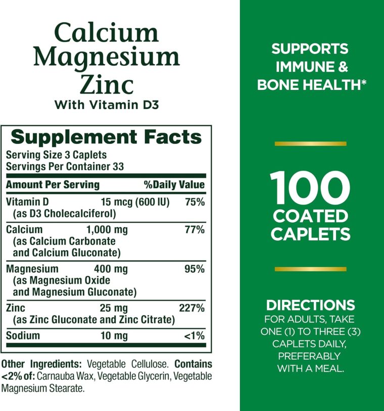 Nature's Bounty Calcium Magnesium & Zinc Caplets, Immune & Supporting Bone Health, 100 Count - Image 2
