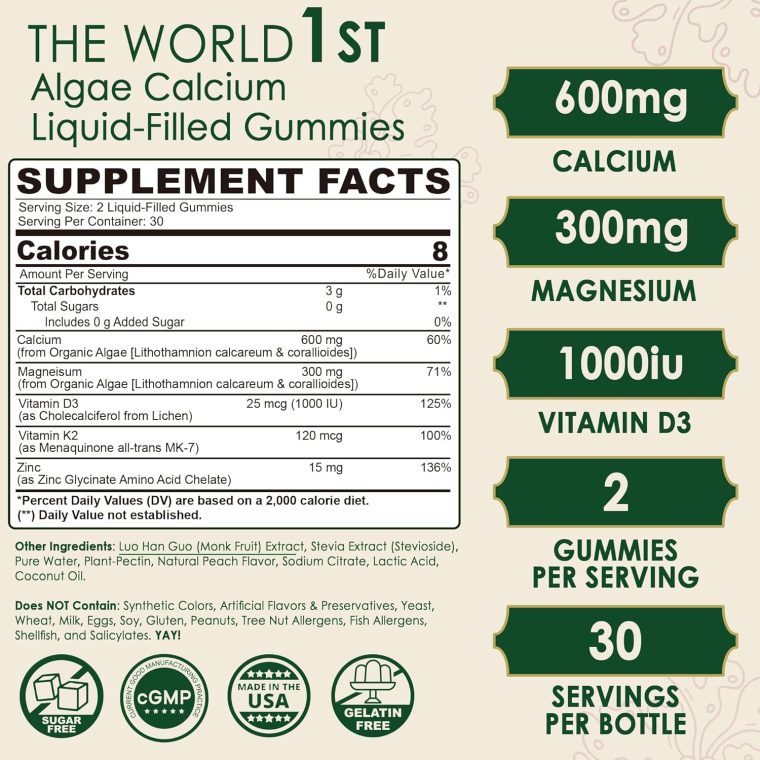 Plant Based Calcium Gummies 600mg with Vitamin D3 K2, Magnesium, Zinc for Bone Strength, Sugar Free Calcium Supplements for Women (Certified Vegan) from Sustainably Red Algae - 60 Counts - Image 2